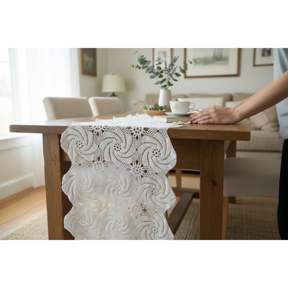 Vintage White Open Crochet Floral Pattern Cottagecore Table Runner 39"x15"